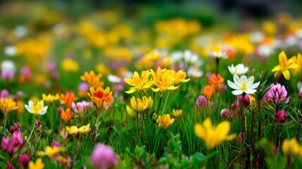 Obraz premium Vibrant Meadow Filled with Colorful Wildflowers in Bloom during Spring Season under Bright Sunlight and Gentle Breeze