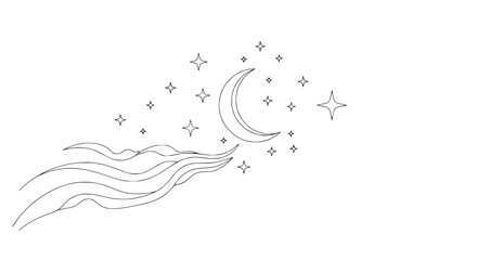 Fototapeta premium Celestial Dreamscape: Crescent Moon and Twinkling Stars with Flowing Lines