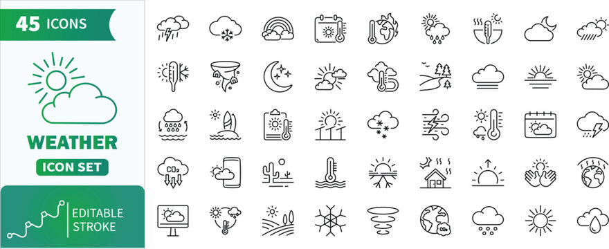 Weather line icons set with editable stroke.Collection of weather icons showing different climate conditions and environmental themes