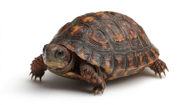 A detailed studio shot of a box turtle walking on a white background.