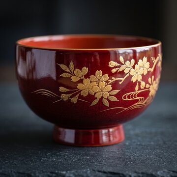 Traditional Japanese red lacquerware bowl with gold detail