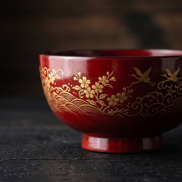 Traditional Japanese red lacquerware bowl with gold detail
