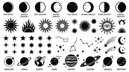 Black and white astronomy icons set © EmayetHossen