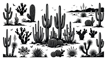 Black and white cactus illustrations set © EmayetHossen