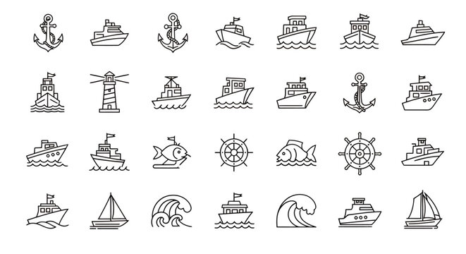Collection of nautical line art icons featuring boats, ships, anchors, and related maritime symbols in a consistent style.