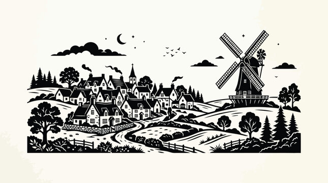 Black and white windmill landscape