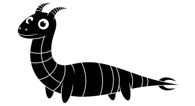 Illustrated Black Stripe Dragon Silhouette with Horns and Tail on White Background.