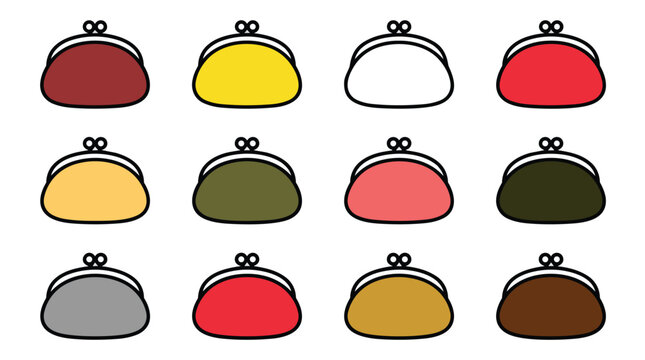 Coin purse icons set featuring various colors and classic clasp design in minimalist flat vector for personal finance apps