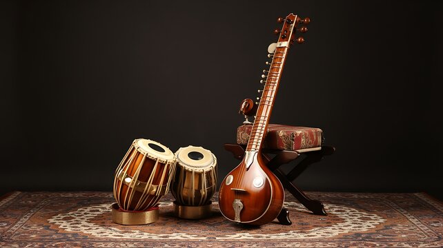 A traditional Indian musical instrument setup with a tanpura and two tablas on a decorative rug indoors