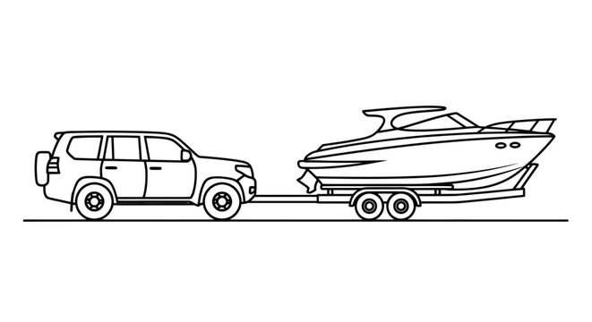 Lineart illustration of a car pulling a boat on a trailer.