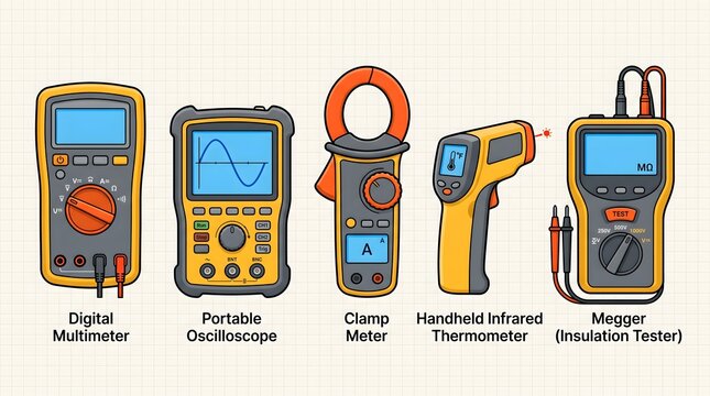 Various electronic testing tools are arranged on a table indoors.