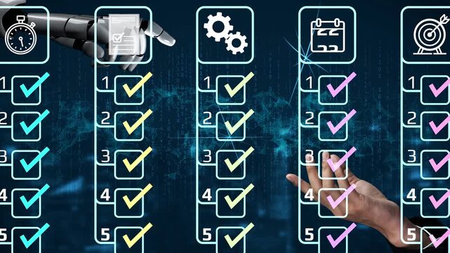Digital checklist with robotic hand, gears, calendar, and evaluation checkmarks representing automation and productivity in project management and task completion. Entropy.