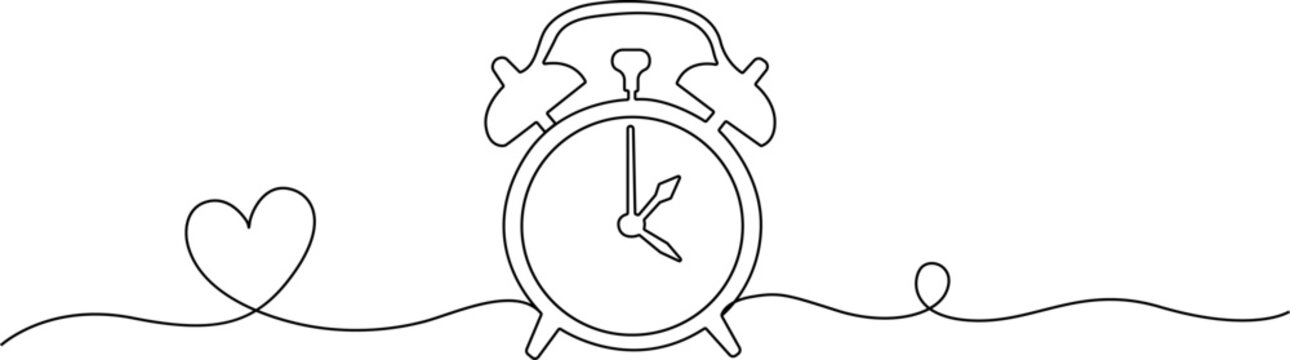 Continuous line drawing Continuous line drawing alarm clock, heart symbol, minimalist vector illustration, time concept
