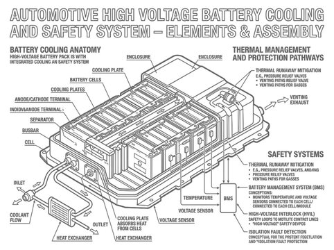 Automotive battery cooling and safety system technical diagram