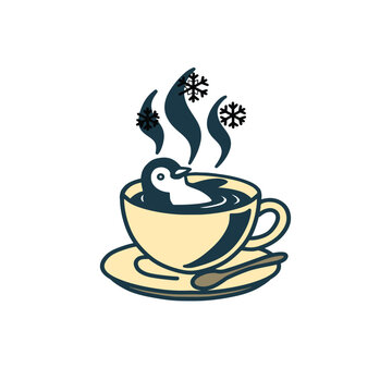 A vector illustration of a penguin relaxing inside a coffee cup.