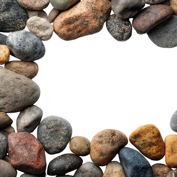 Stone pebble rock frame border arrangement with empty black center