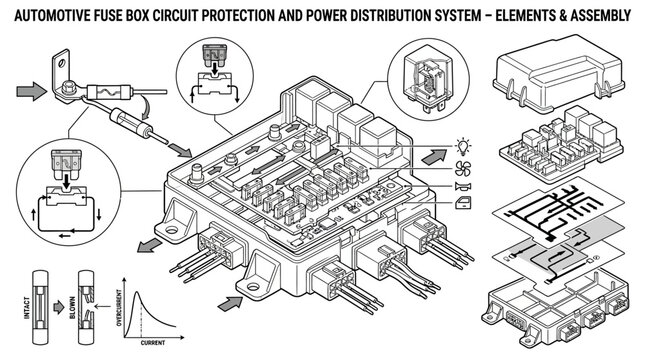 Automotive fuse box and power distribution system diagram