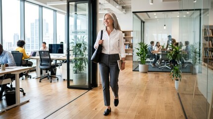 Fototapeta premium Confident mature businesswoman walking through a bright corporate office corridor