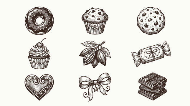 Hand-Drawn Sweet Treats Collection: Donut, Muffin, Cookie, Cupcake, Candy, Chocolate