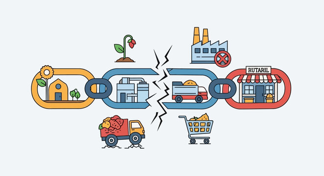Broken supply chain disruption illustration depicting logistics failure between agriculture manufacturing and retail store sectors