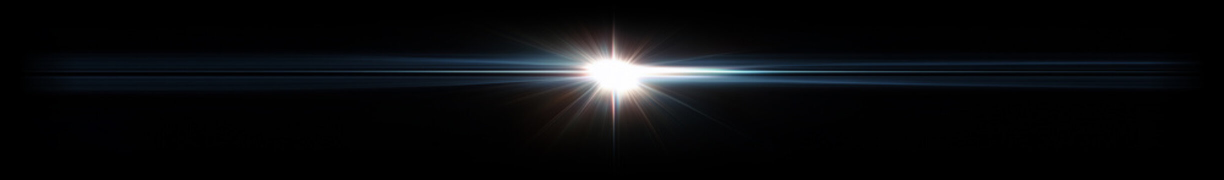 Horizontal Blue Anamorphic Lens Flare and Bright White Starburst Light Leak on Black Background