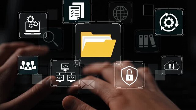 Digital workspace with a yellow folder icon surrounded by various technology symbols and user interface elements representing data management and organization. Entropy.