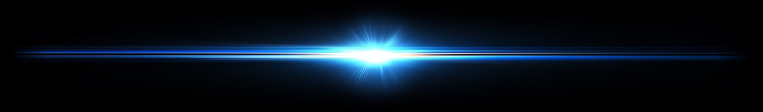 Cinematic bright blue anamorphic lens flare with light streaks and glow on black background