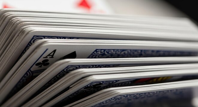 Close-up of a fanned deck of playing cards showing intricate details and patterns.