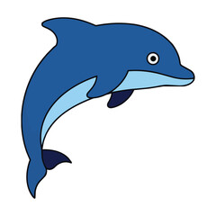 Fototapeta premium Minimalist dolphin silhouette leaping in a graceful arc with smooth lines and solid blue color blocks on a pure white background, simple aquatic animal concept