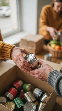 Stunning photo of Hands exchanging a can of food over a donation box filled with various canned goods, symbolizing charity and support.