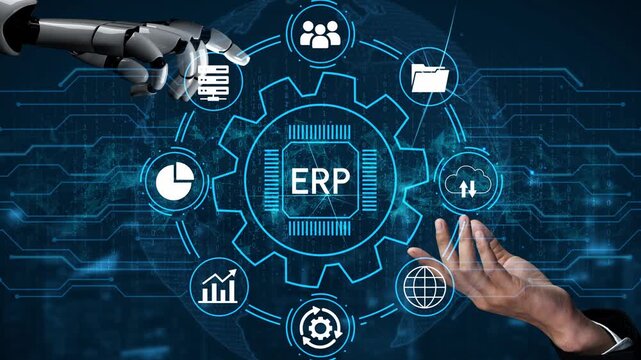Robotic Hand and Human Hand Interacting Over Advanced Technology Symbols Representing ERP System Integration and Automation in Business Operations. Entropy.