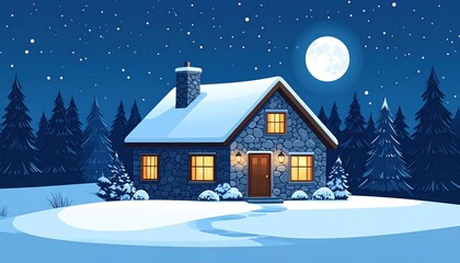 Naklejka premium Cozy stone house under a full moon, snow-covered landscape at night