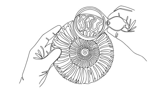 Hands examining ammonite fossil with magnifying glass, continuous line art