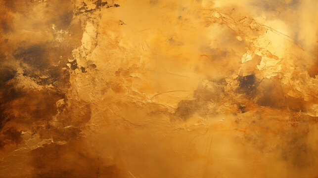 Abstract golden textured background with peeling metallic gold leaf and distressed weathered surface