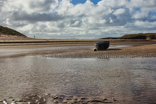 Scenic view of Aberffraw beach and river estuary at low tide, Anglesey
