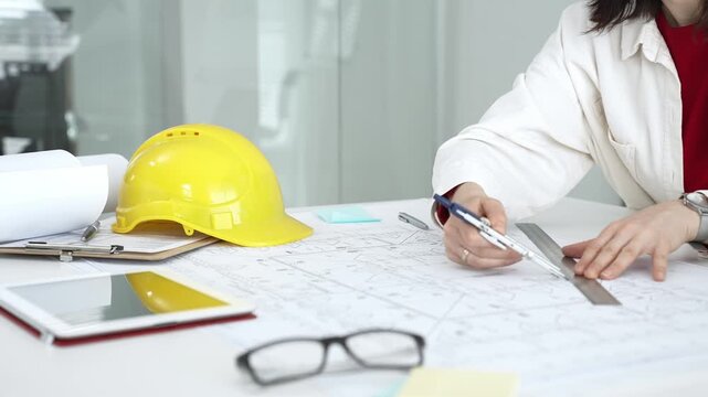 Female architect or engineer working on blueprints using a compass and ruler. Designing building plans. With a yellow hard hat and tablet on the desk
