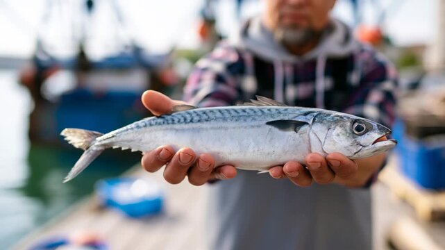 Fresh fish seafood fishing hand person outdoor marine silver fish ocean catch aquatic natural healthy food close up water sea