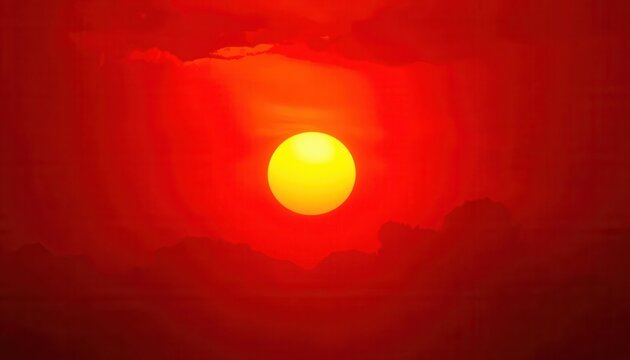 Crimson Sunset: The sun, a vibrant yellow orb, shines intensely through a hazy red atmosphere, casting an ominous and dramatic glow over the sky.