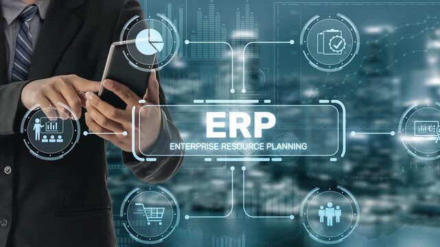 ERP platform visual showing centralized system for enterprise resource planning, improving integration, data flow, business efficiency, finance, inventory, and human resources. Muxer