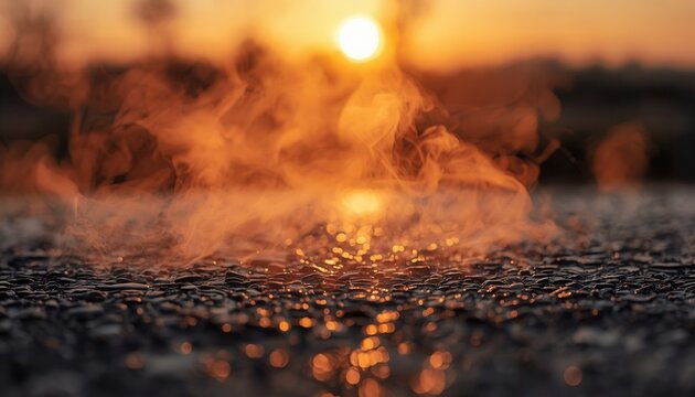Heat Haze Over Asphalt: A surreal visual where intense heat creates a shimmering haze above a textured asphalt surface, reflecting the vibrant.