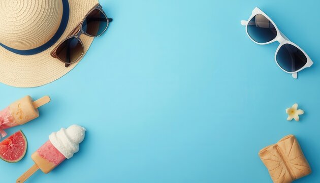 Summer Vibes Flat Lay: A cheerful collection of summer essentials, including a straw hat, sunglasses, and refreshing popsicles, arranged on a vibrant blue backdrop.