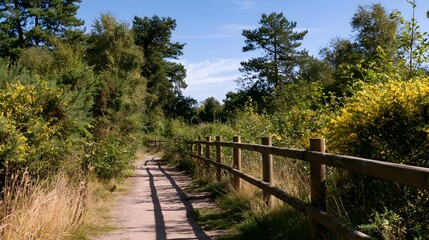 Fototapeta premium A tranquil and scenic trail winding through a nature reserve under a clear sunny sky evoking feelings of warmth and calm