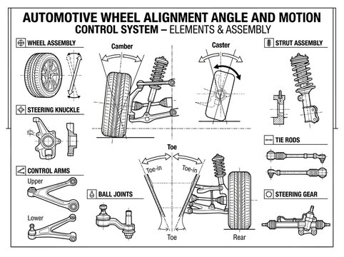 Car alignment motion control system assembly technical infographic.