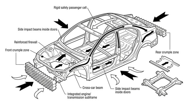 Car frame diagram showing impact absorption and crumple zones.