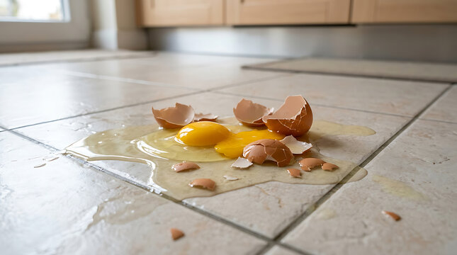 Broken Egg on Kitchen Floor: Cleaning Accident, Spilled Food Mess, Domestic Mishap, Home Insurance Claim, Slip Hazard