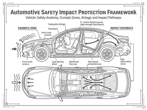 Car safety impact protection and crumple zone blueprint.