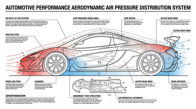 Color-coded aerodynamic airflow diagram of a sports car.