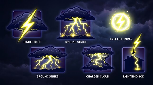 A dramatic illustration of various lightning phenomena including single bolt, ground strike, ball lightning, charged cloud, and lightning rod in a stormy atmosphere.