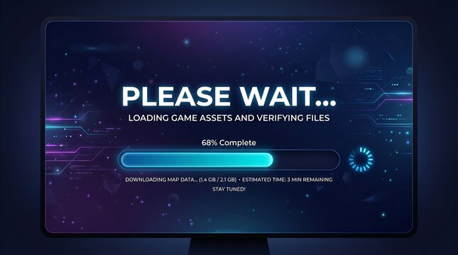 A Loading screen on a computer monitor, futuristic interface with please wait message
