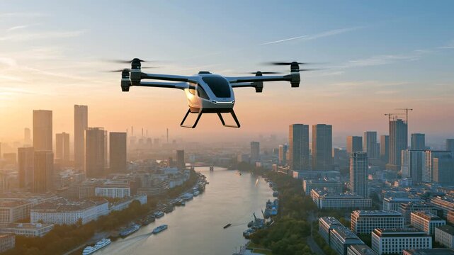 Urban drone flying over city river sunset with skyline featuring modern buildings and clear sky showcasing vibrant urban cityscape